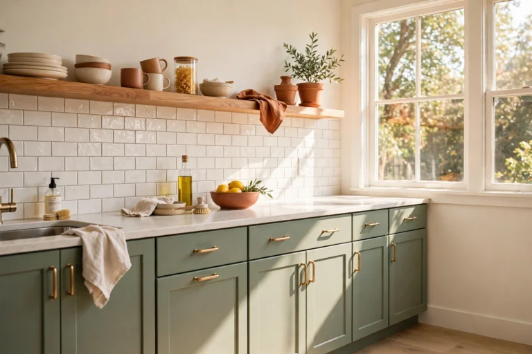 Bright renter-friendly kitchen with sage-green cabinets and peel-and-stick subway tile backsplash