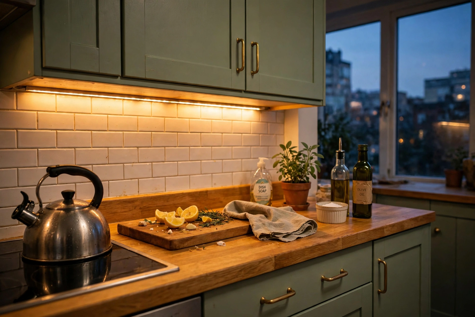 Warm under-cabinet LED strip lighting over a rental kitchen countertop