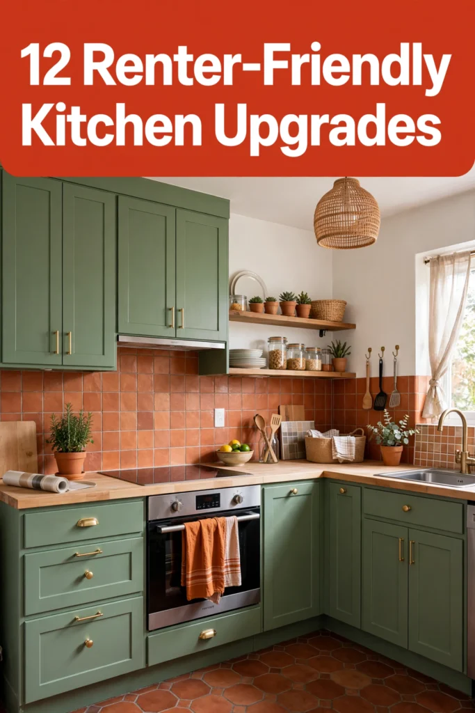 Renter-friendly kitchen upgrades pin: 12 damage-free ideas