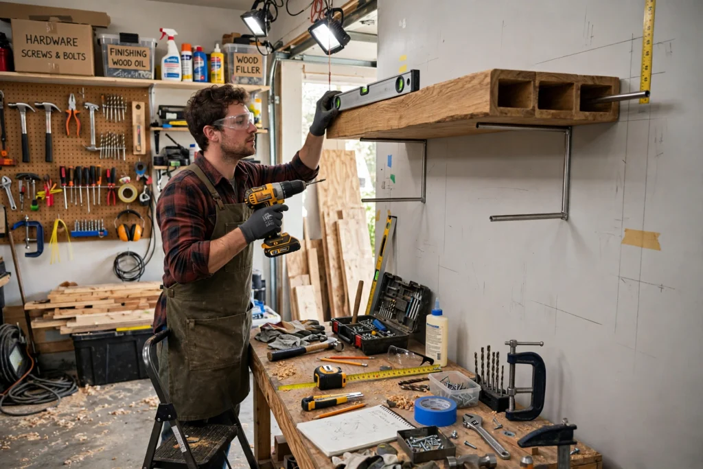 Installing a thick wooden floating shelf on hidden rod brackets with a drill and level