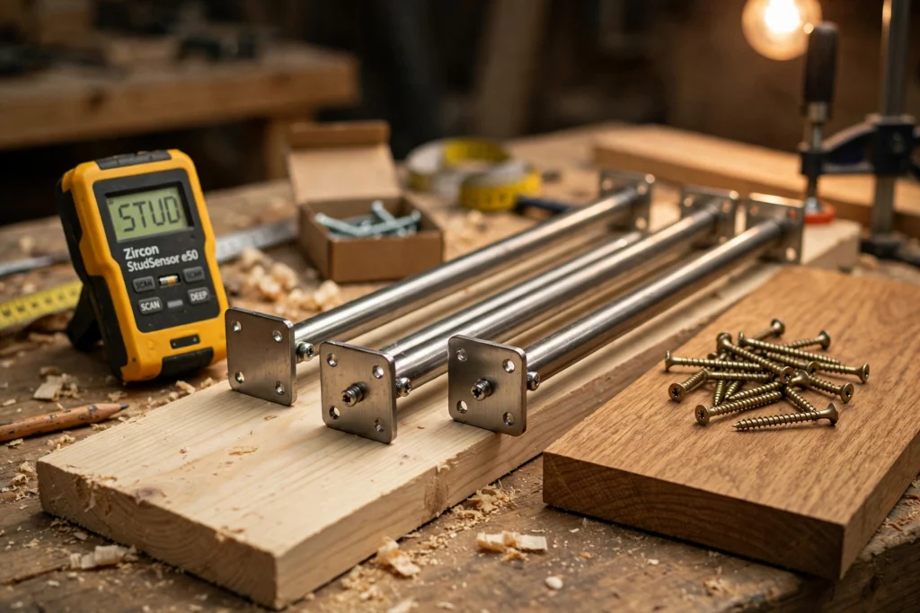 Floating shelf hardware on a workbench: concealed rod brackets, screws, stud finder, pine and oak boards