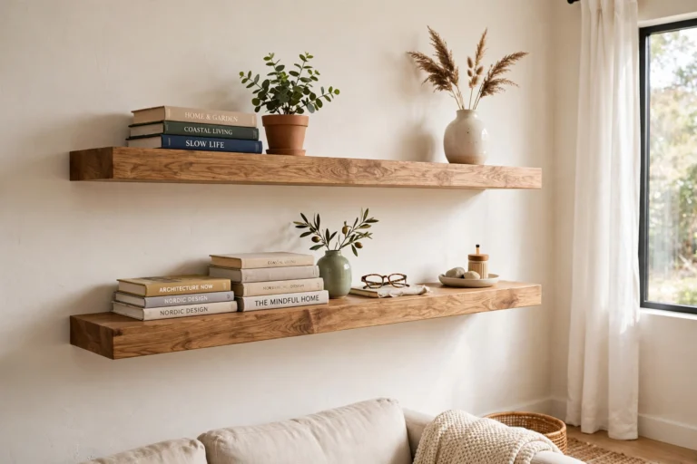 Two oak floating shelves on a warm white wall in a small living room, styled with books and plants