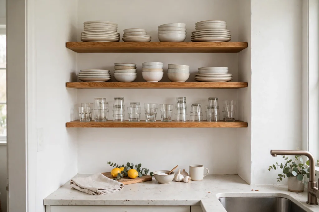Small bright kitchen with open floating shelves holding dishes and glasses above the counter