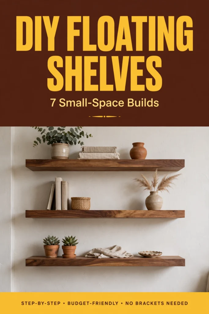 Pinterest pin: DIY floating shelves, 7 small-space builds