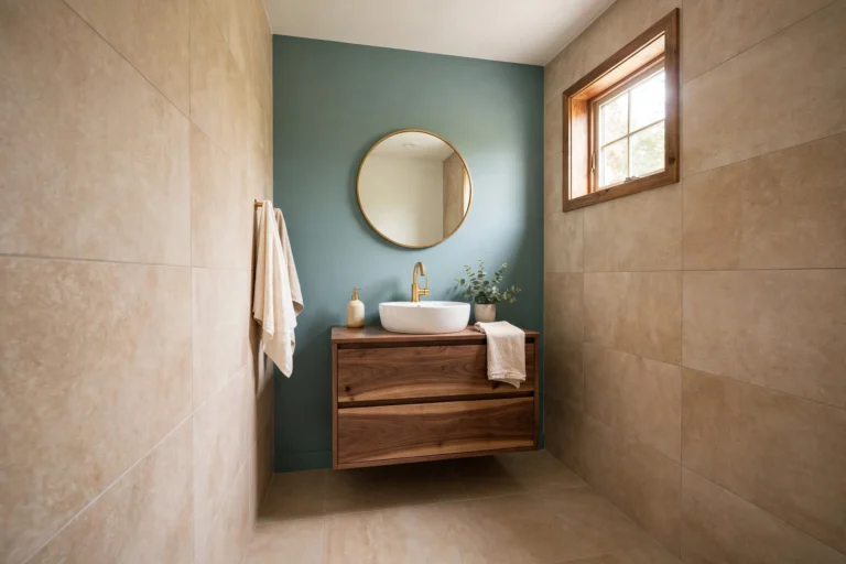 Small bathroom with large-format warm sand tiles, dusty teal accent wall, walnut vanity and brass fixtures