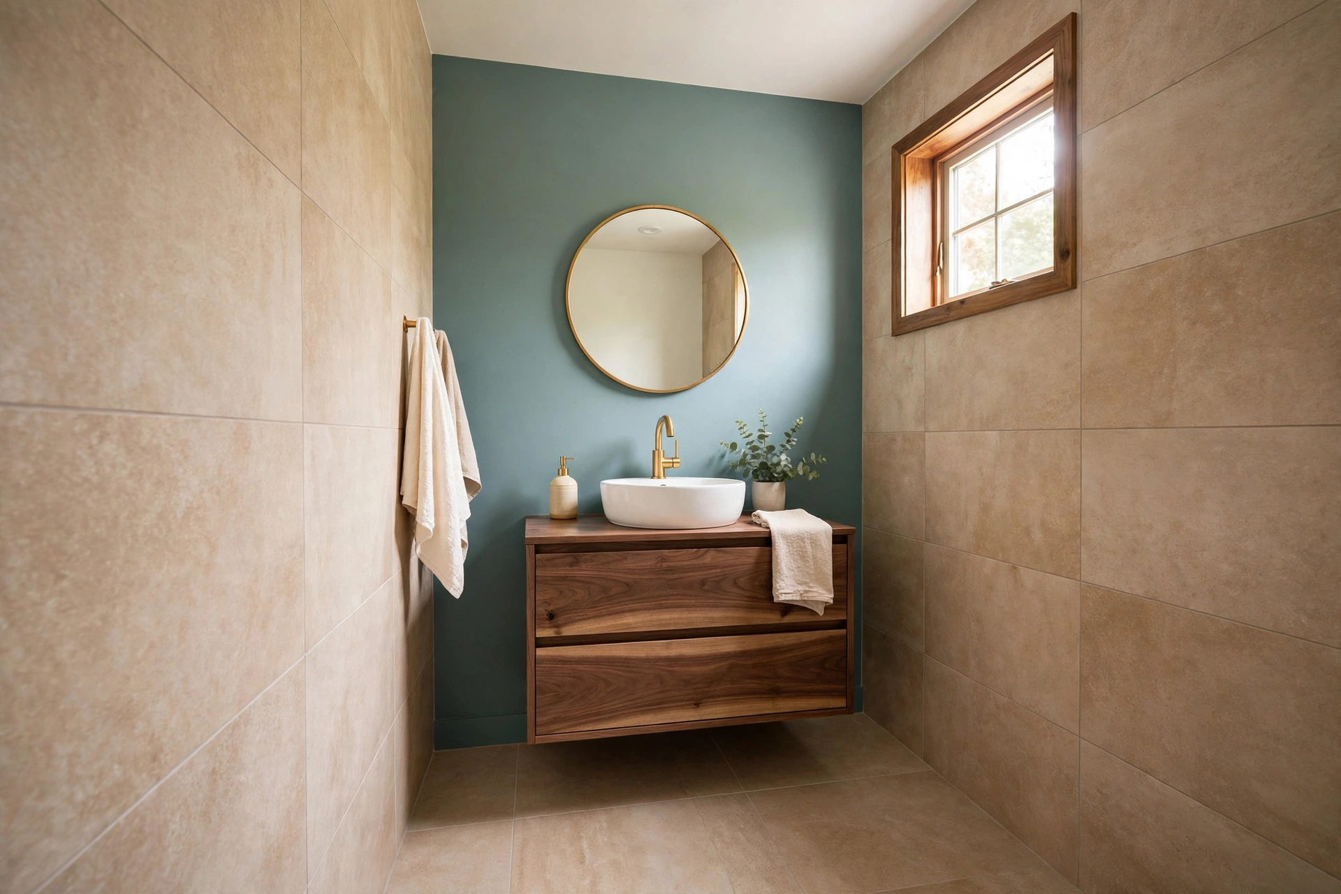 Small bathroom with large-format warm sand tiles, dusty teal accent wall, walnut vanity and brass fixtures