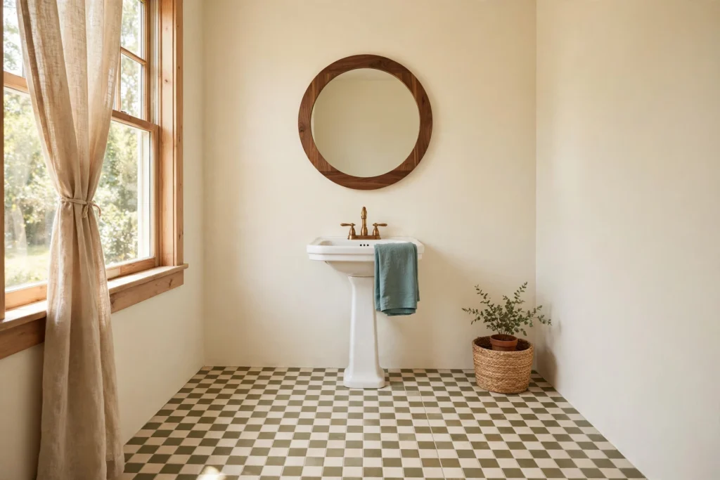 Small powder room with cream-and-olive checkerboard tile floor and plain cream walls