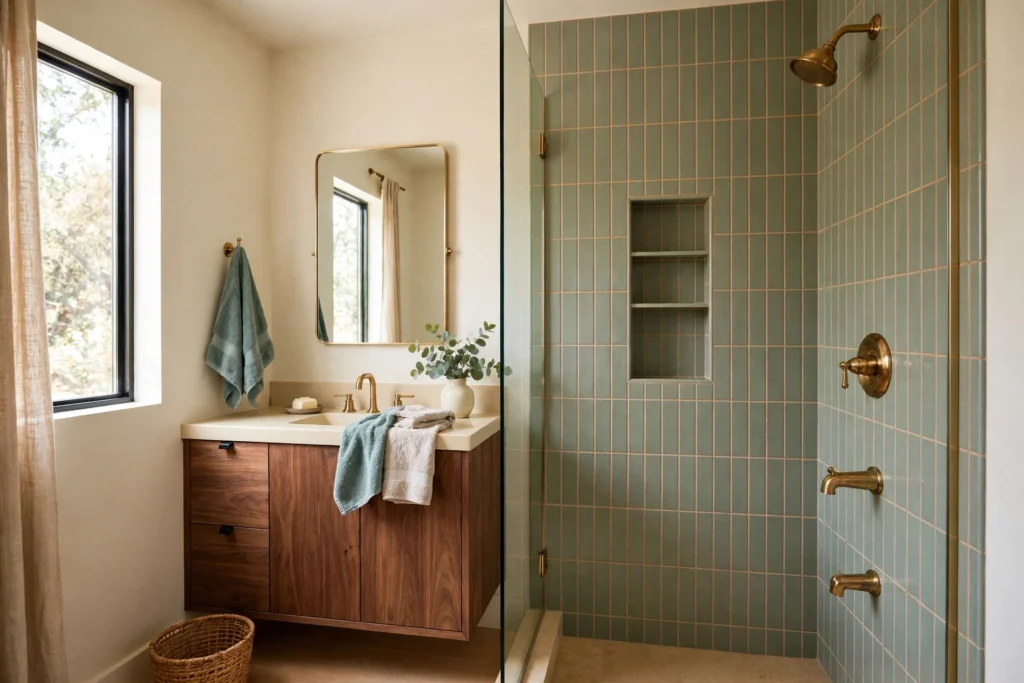 Shower niche with vertically stacked sage-green subway tiles and brass fixtures in a small bathroom