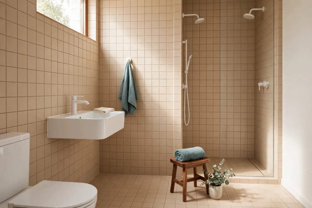 Tile-drenched small bathroom with the same warm greige tile on floor, walls and shower