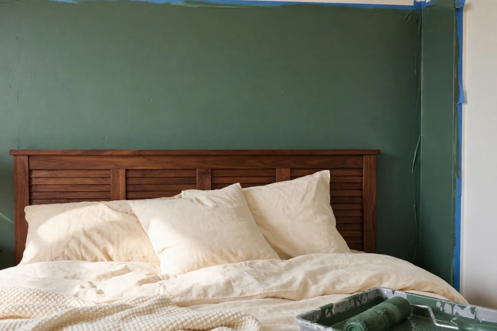 Deep sage-green accent wall painted behind a bed in a small bedroom makeover