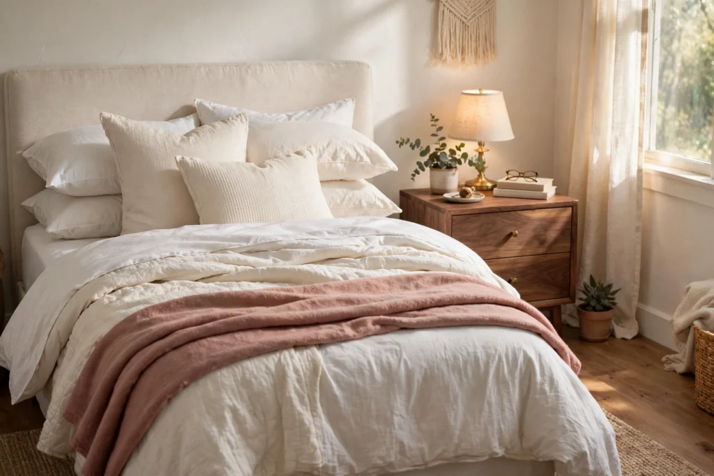 Freshly made bed with layered cream and dusty-rose bedding and a folded throw blanket