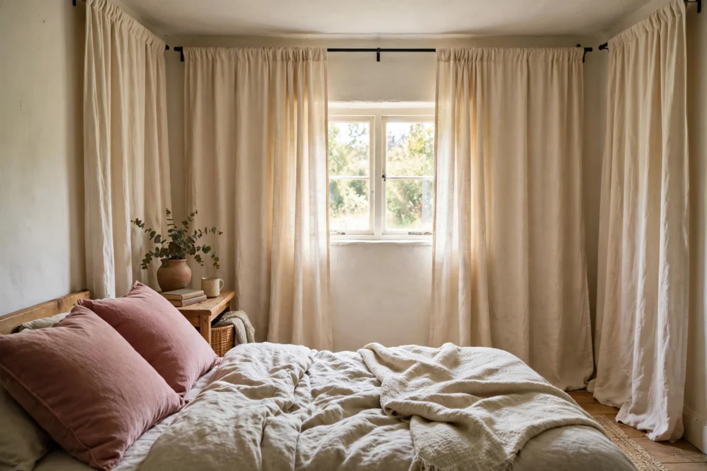 Floor-length cream linen curtains hung high and wide around a small bedroom window