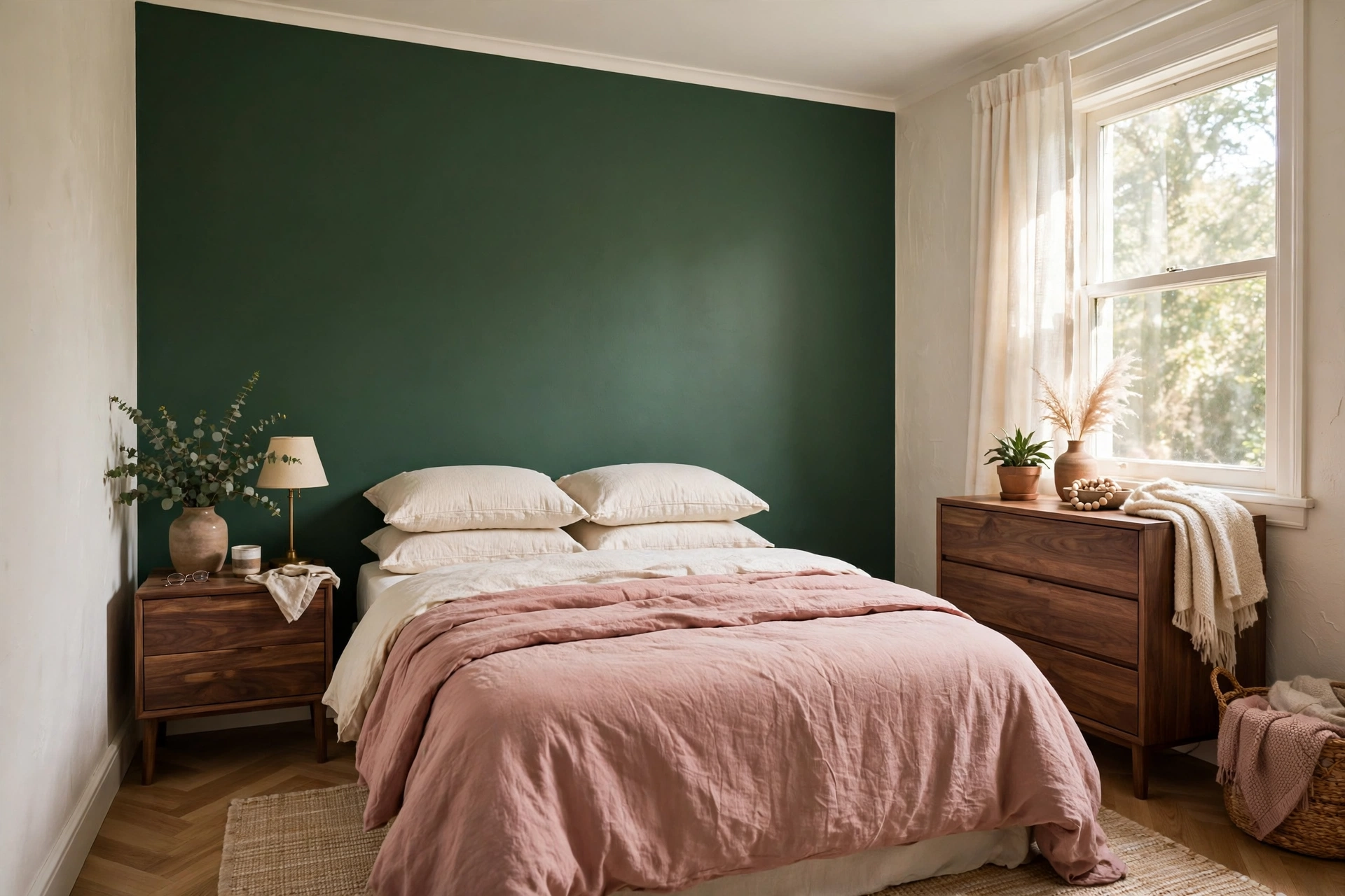 Small bedroom makeover under $100 with a deep forest-green accent wall, dusty-rose bedding and walnut furniture