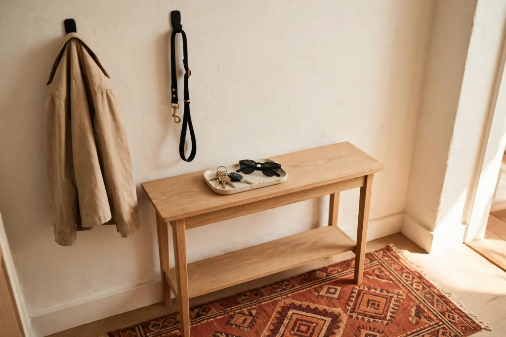 Small rental entryway landing zone with black adhesive hooks, a dog leash and a ceramic key tray on a light oak console