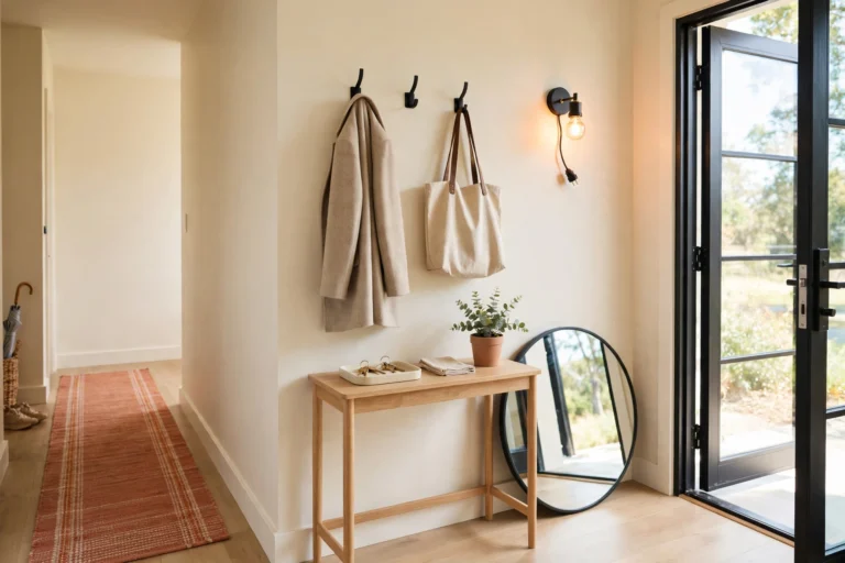 Small rental entryway with a terracotta runner rug, cream walls, black adhesive hooks and a round leaning mirror, one of the best renter friendly entryway ideas