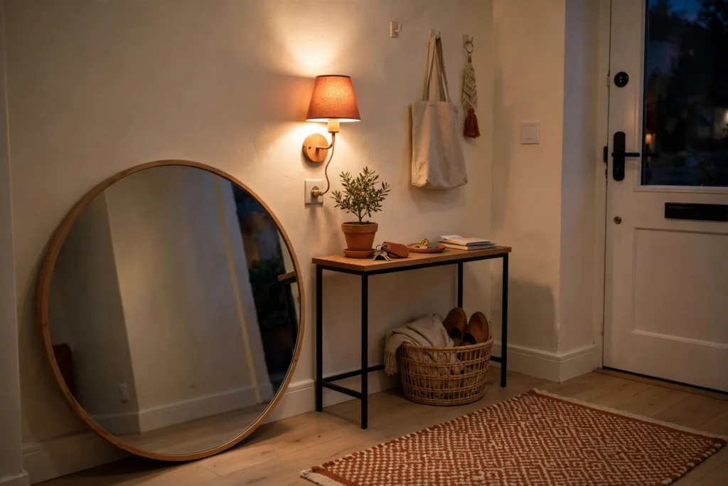Small rental entryway at dusk with a large round leaning mirror and a warm plug-in wall sconce