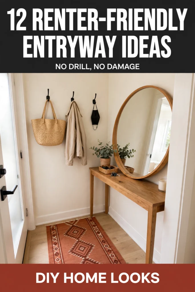 Pinterest pin: 12 renter-friendly entryway ideas, small entryway with terracotta runner and round mirror
