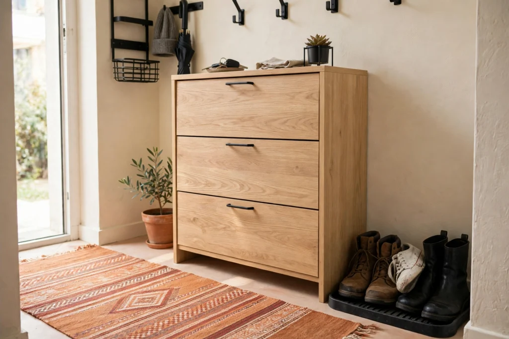 Slim light oak shoe cabinet with a boot tray and terracotta runner rug in a small rental entryway