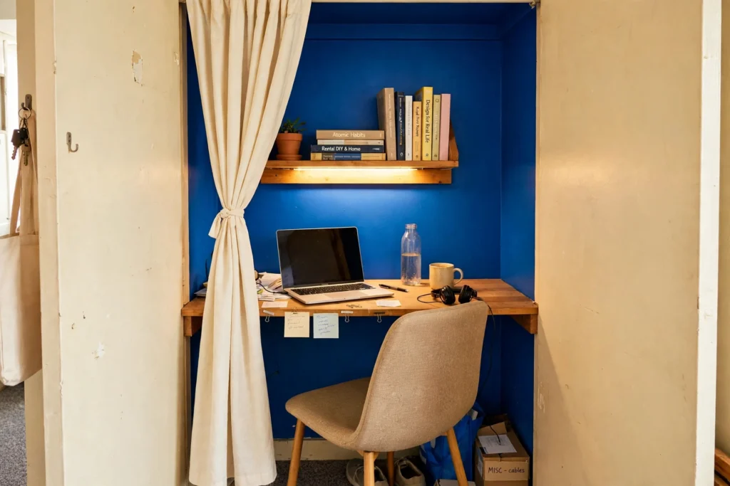 Cloffice: closet turned into a renter friendly home office with cobalt blue walls, desk shelf and curtain