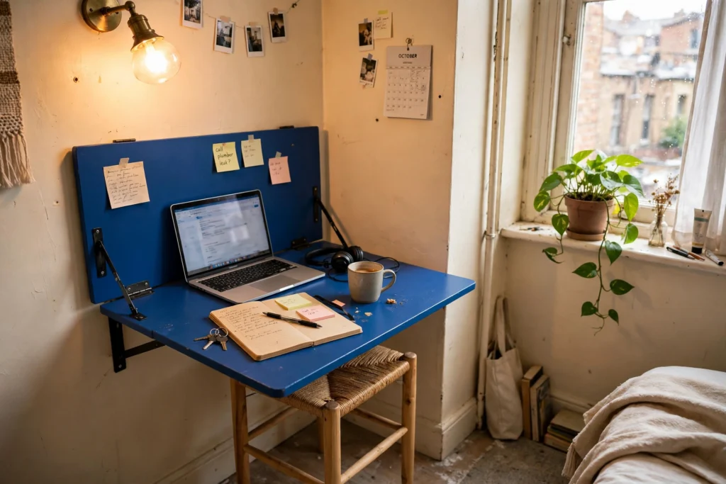 Fold-down wall desk in cobalt blue with laptop and stool in a small rental bedroom corner