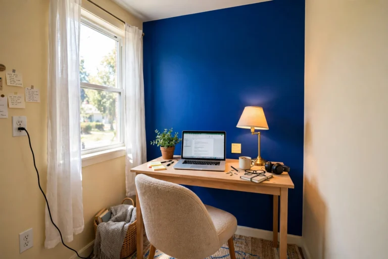 Renter friendly home office ideas: small rental corner desk with cobalt blue accent wall, laptop, lamp and plant