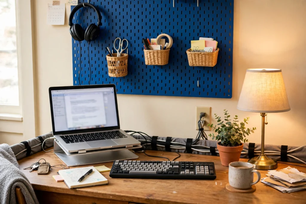 Cobalt blue pegboard above a rental home office desk with laptop riser, keyboard and tidy cables