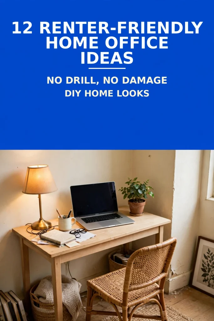 Renter friendly home office ideas pin: small rental desk setup with cobalt blue accent