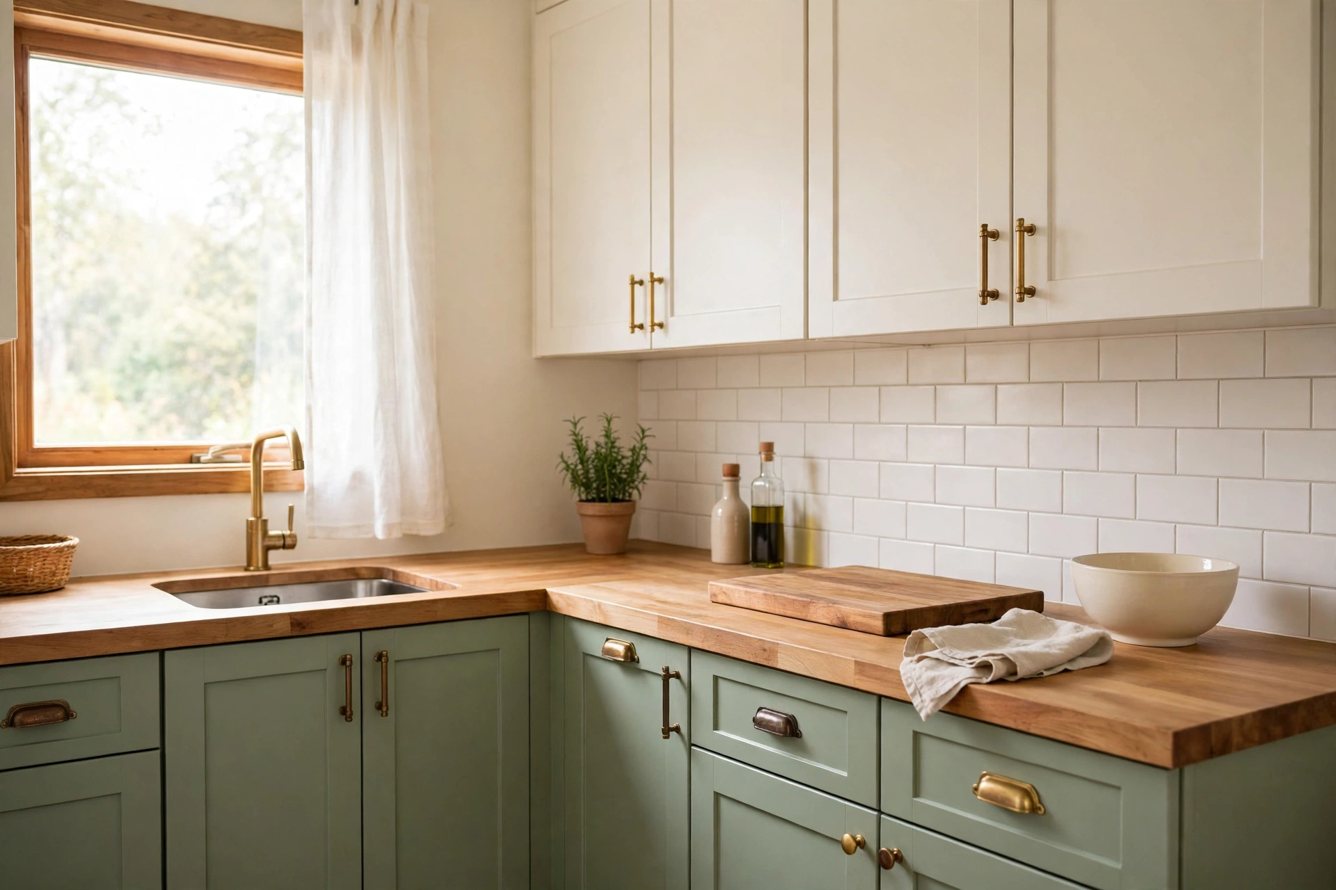 Sage green lower cabinets with a natural wood butcher block countertop in a small kitchen