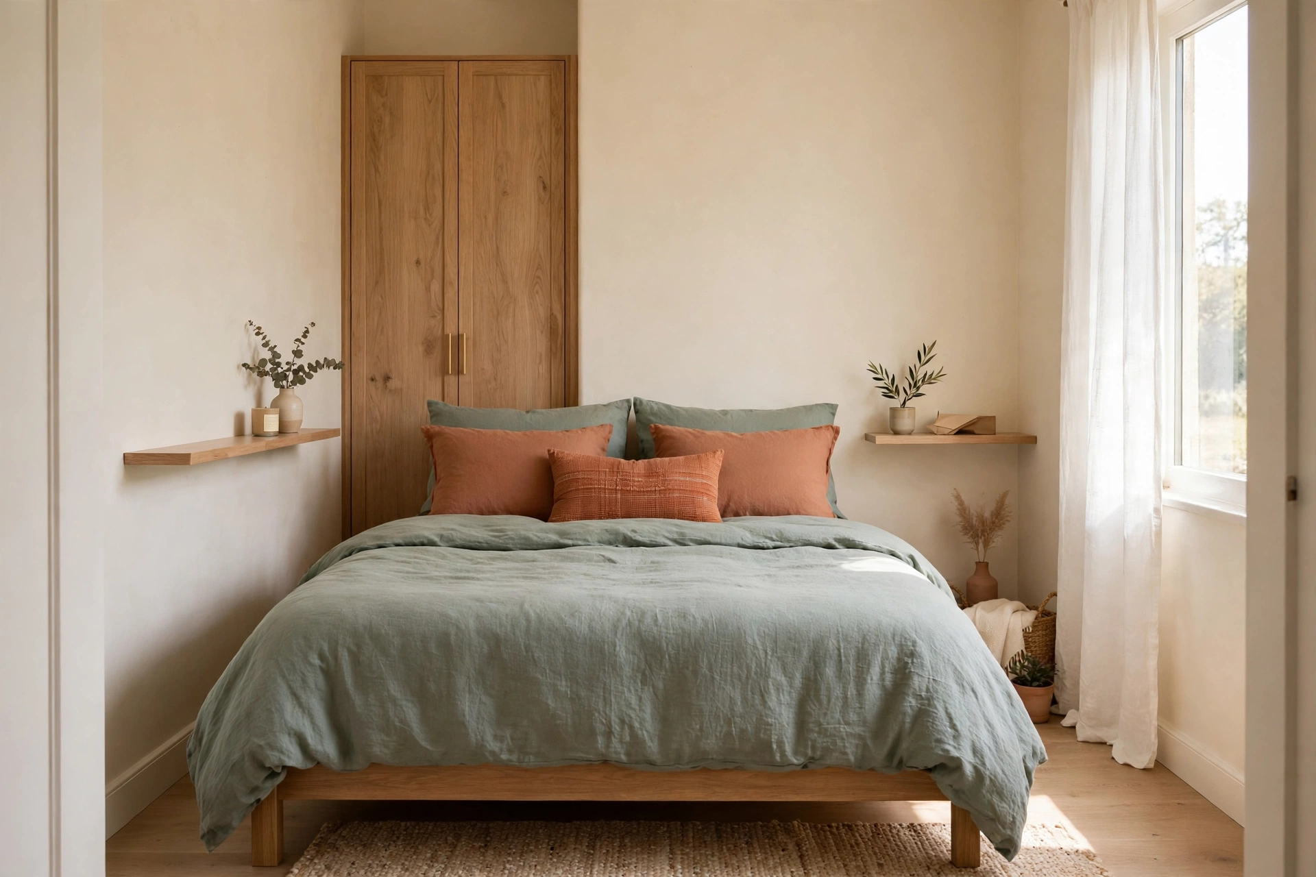 10x10 small bedroom layout with a queen bed and floating nightstand shelves