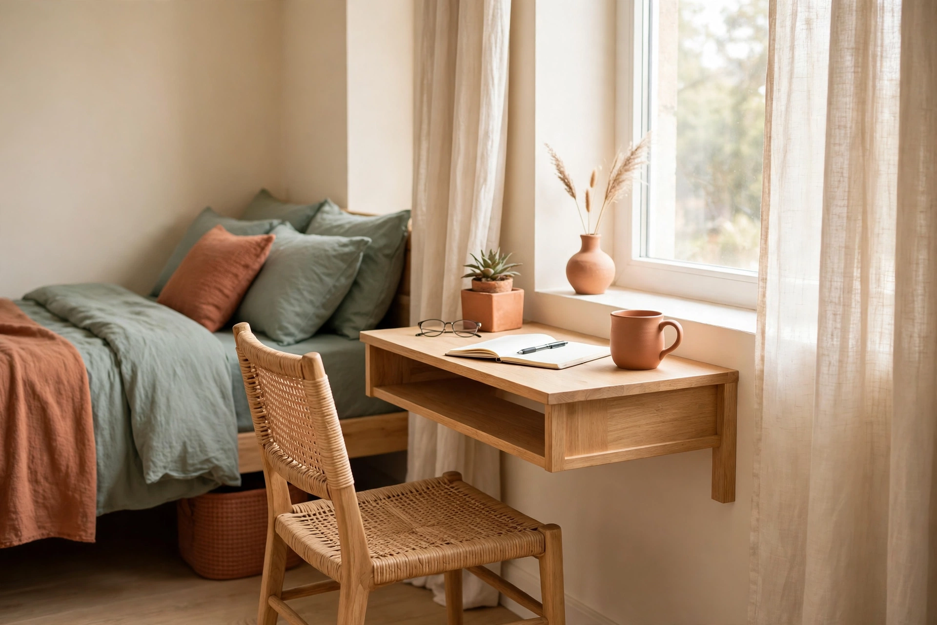 Small bedroom layout with a wall-mounted desk zone by the window