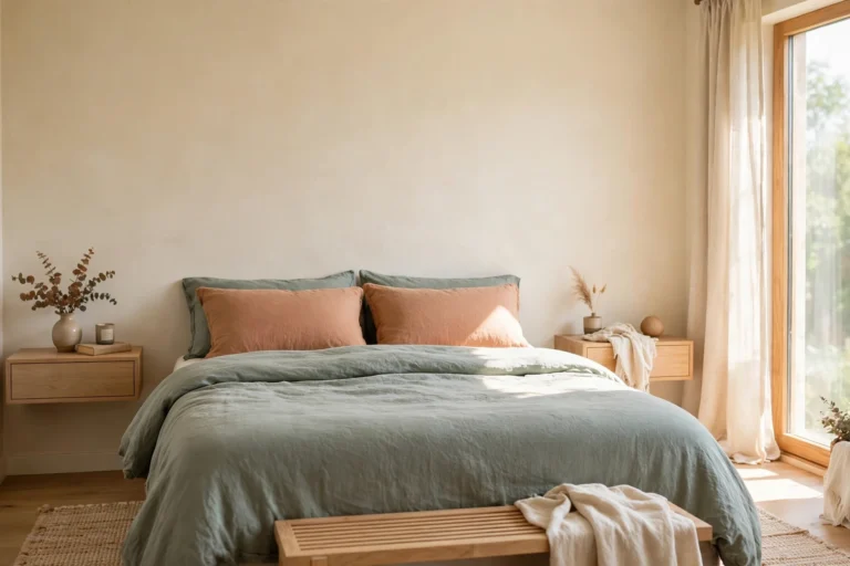 Small bedroom layout ideas, queen bed centered on the main wall with sage bedding and oak floating nightstands