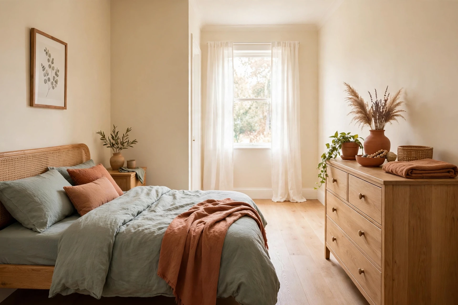 Long narrow small bedroom layout with the bed pushed against one side wall and a clear walkway