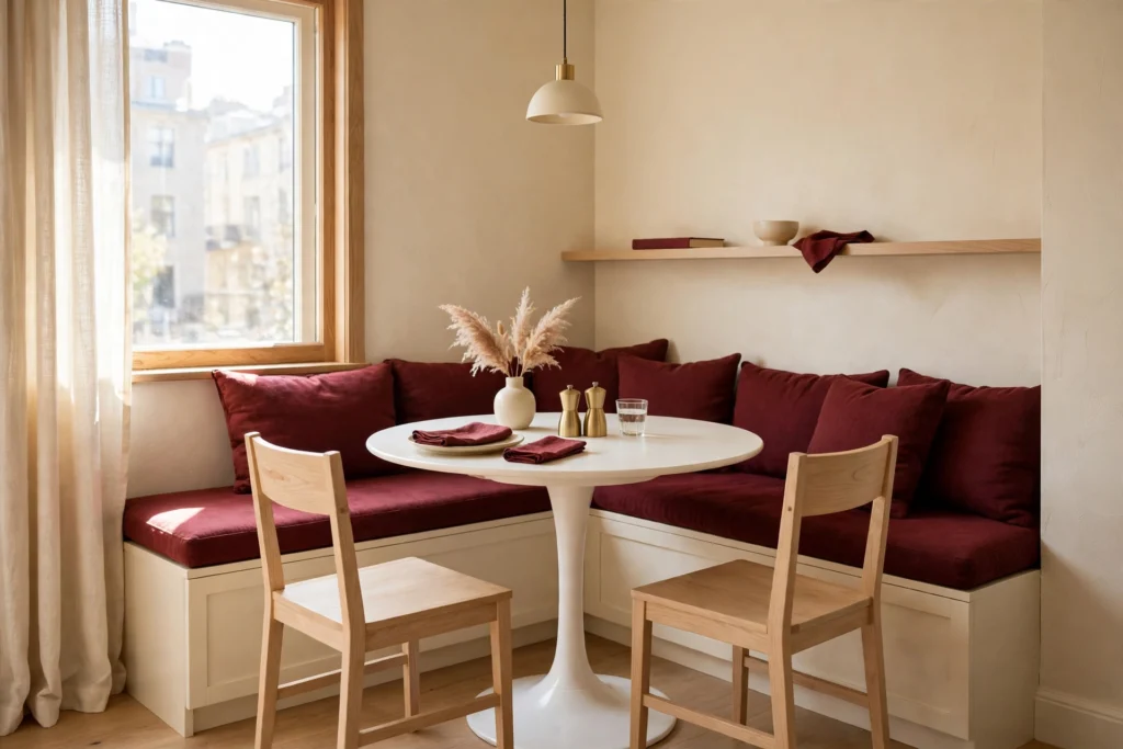 Corner dining nook layout with a round pedestal table and burgundy banquette