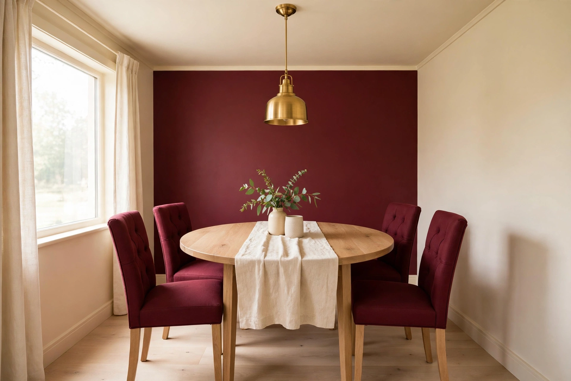 Small dining room layout ideas: round oak table with burgundy chairs and a burgundy accent wall