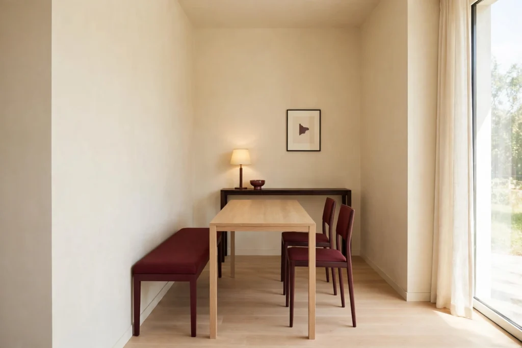 Narrow rectangular small dining room layout with a slim console and burgundy bench