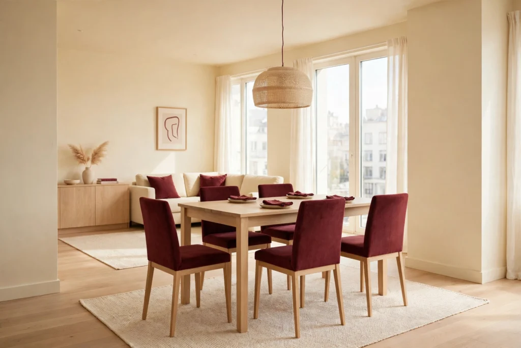 Open-plan small dining room layout with a rug-anchored table in the living room