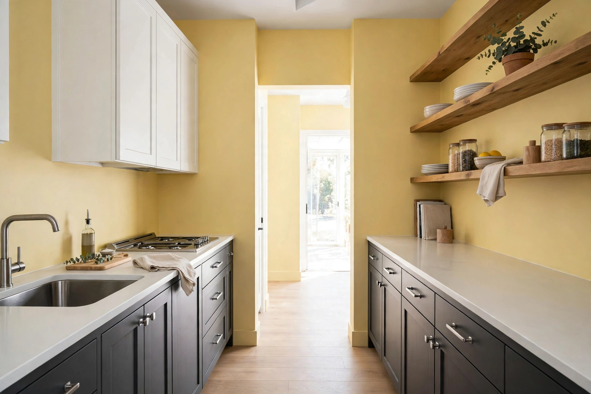 Galley kitchen layout in a narrow room with butter yellow walls and charcoal base cabinets