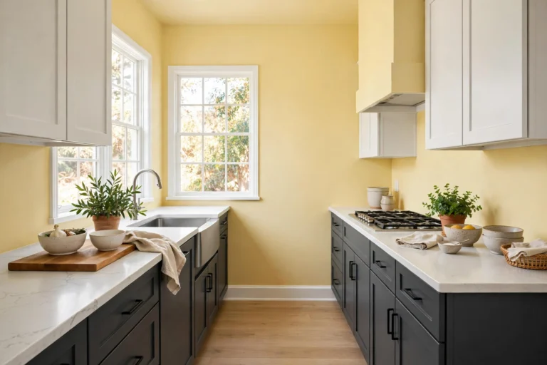 Small kitchen layout ideas: butter yellow galley kitchen with charcoal cabinets and white countertops