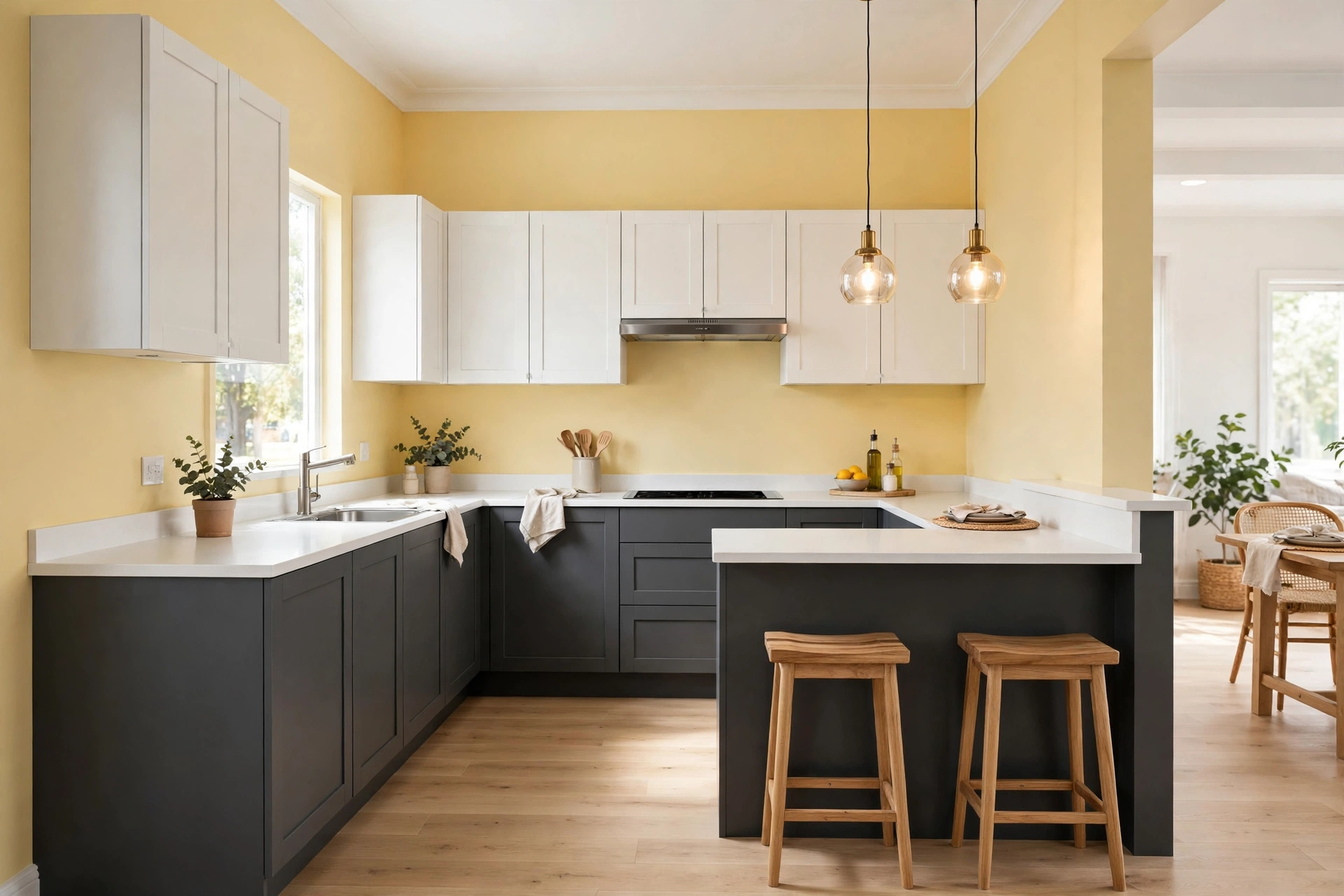 L-shaped small kitchen layout with a breakfast bar and wooden stools