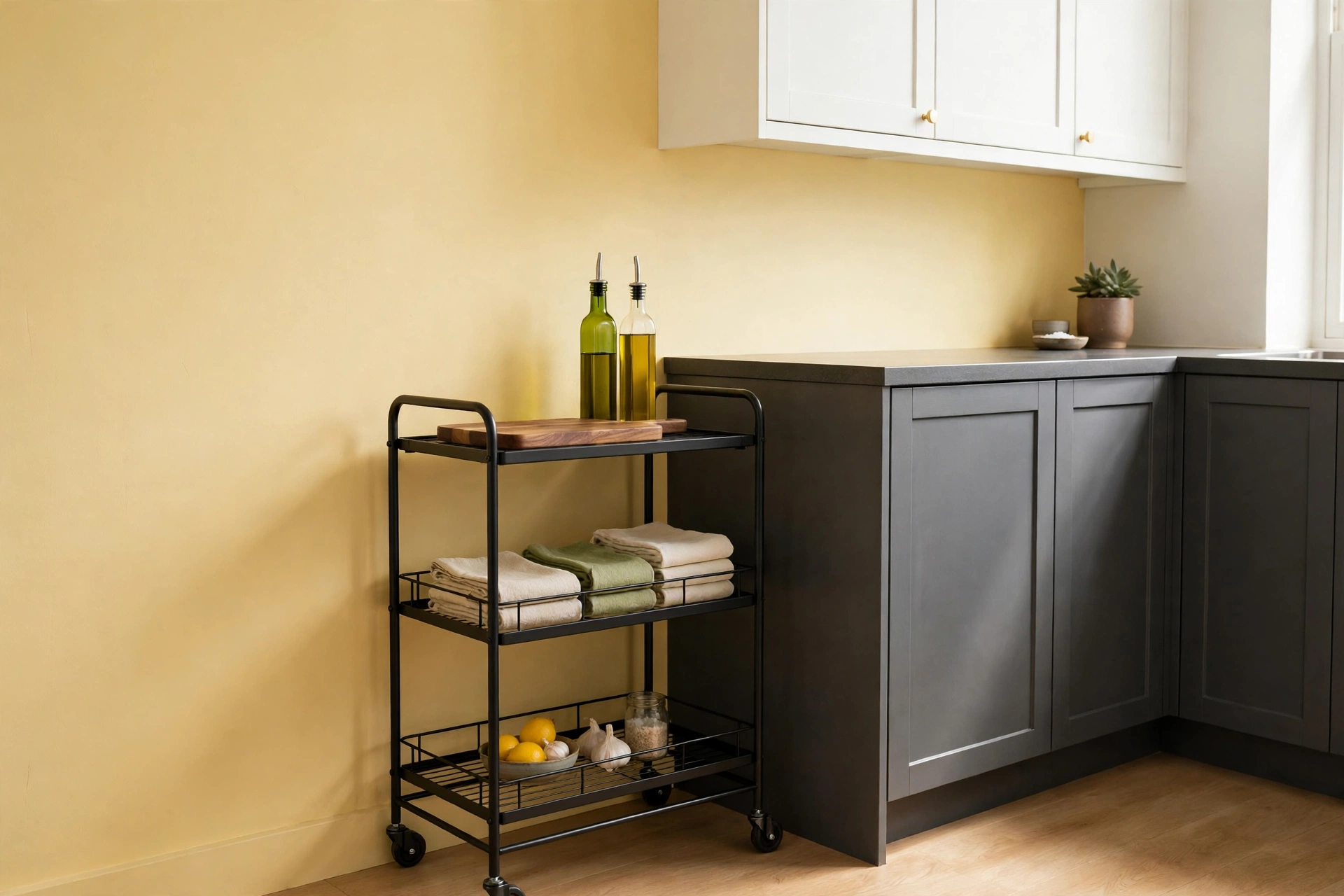 Black rolling kitchen cart beside a charcoal counter in a small butter yellow kitchen