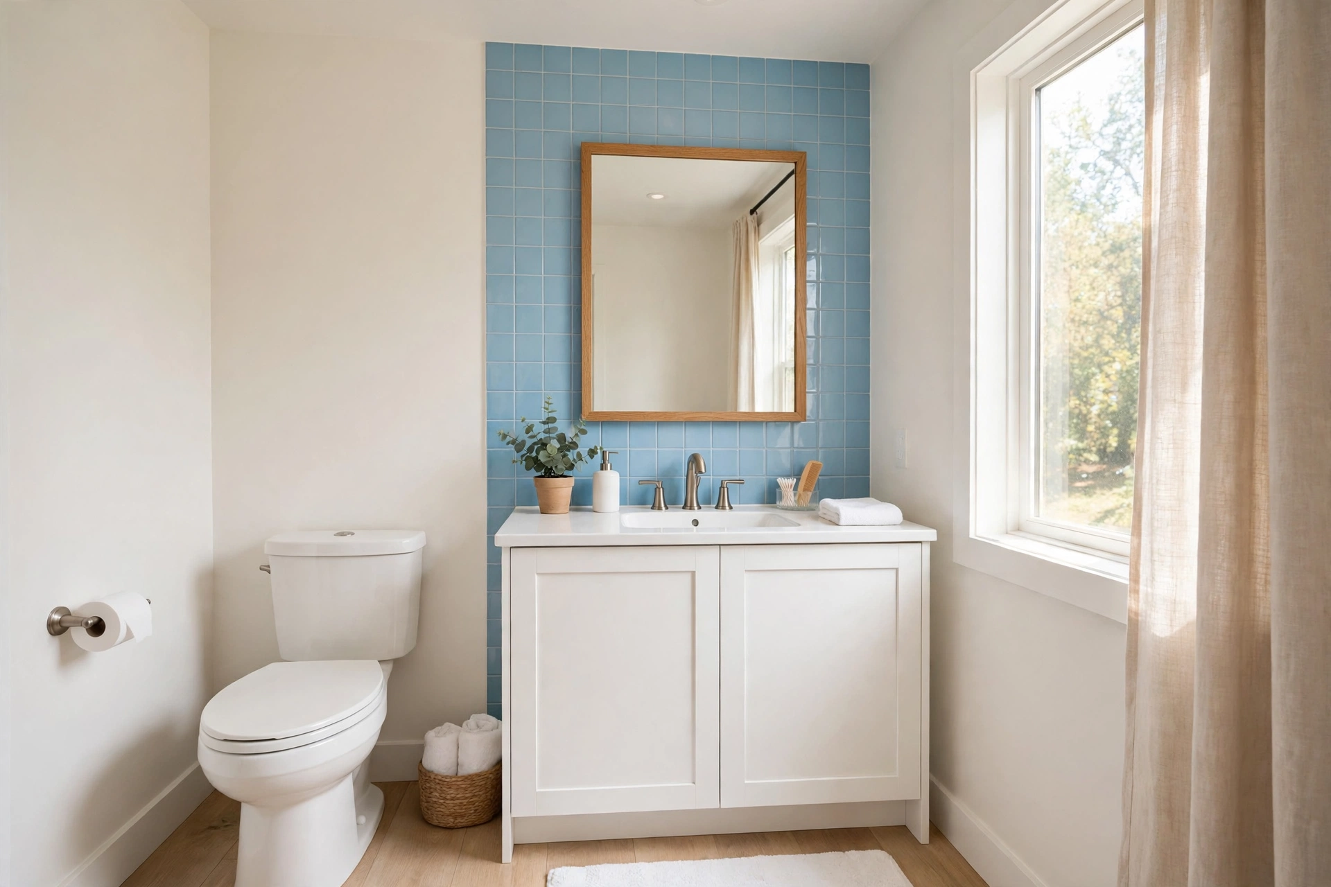 Warm white bathroom walls with a bold soft sky blue tiled accent wall behind the vanity