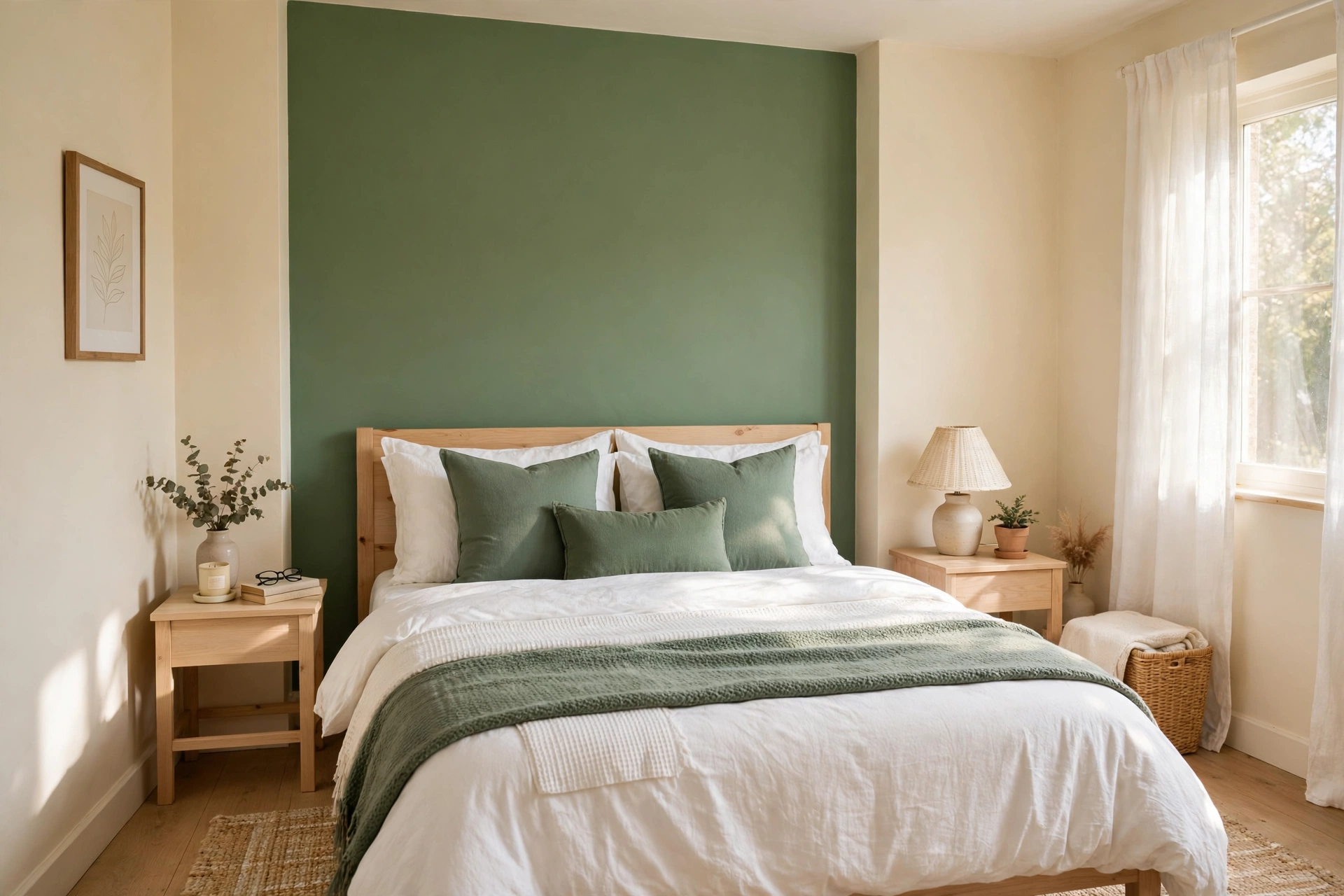 Warm cream bedroom walls with a bold sage green accent wall behind a white bed