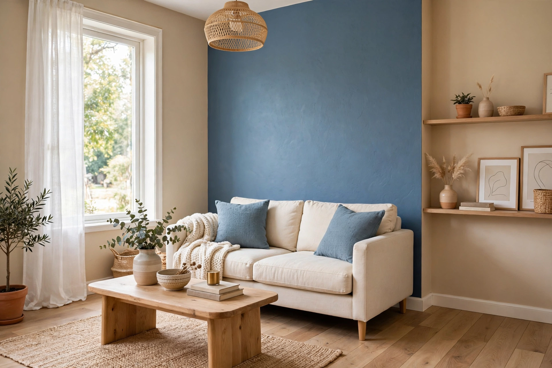 Warm vs cool paint colors for small rooms: warm beige walls with a bold dusty blue accent wall behind a cream sofa