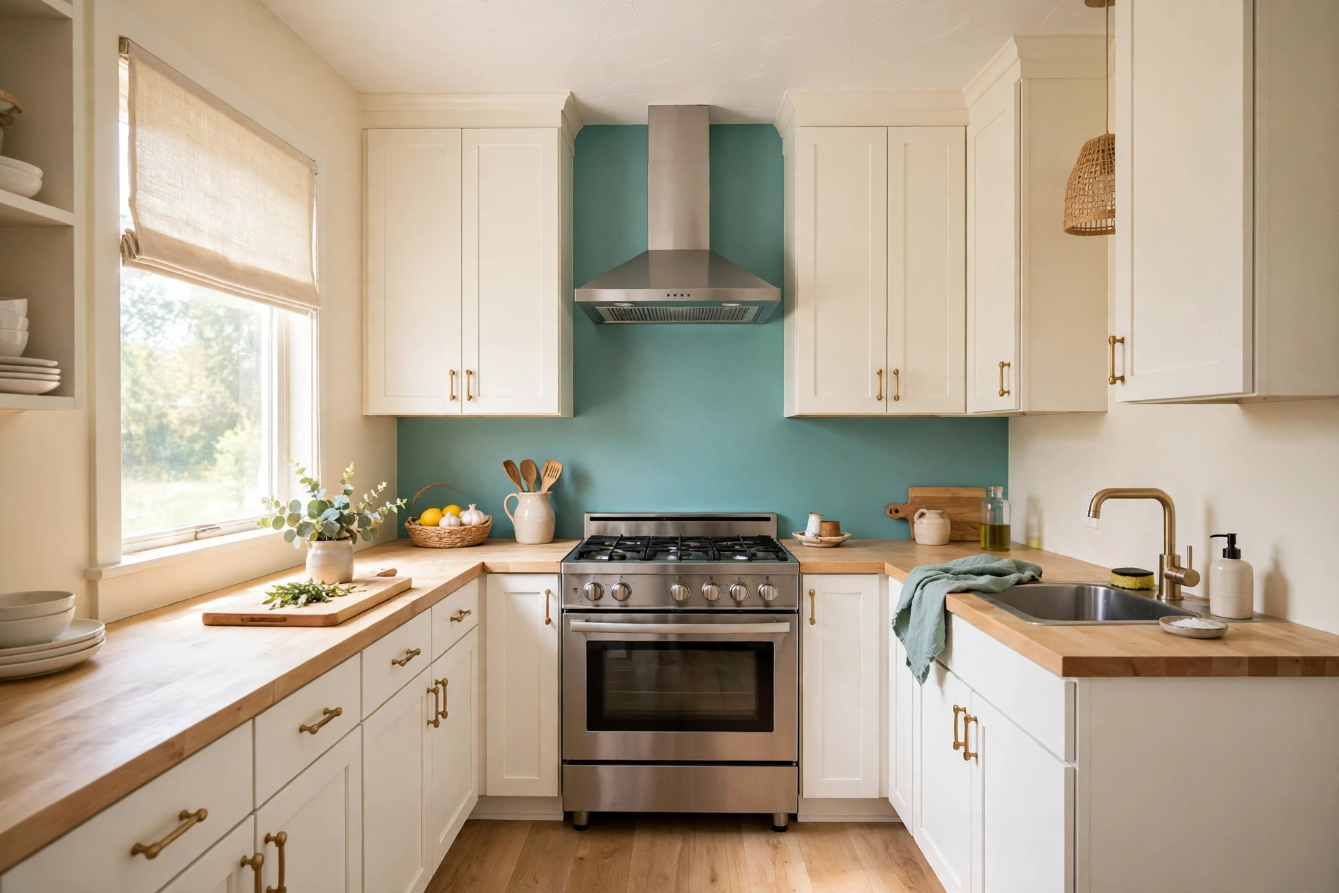 Warm ivory kitchen walls with a bold soft teal accent wall behind the stove and white cabinets