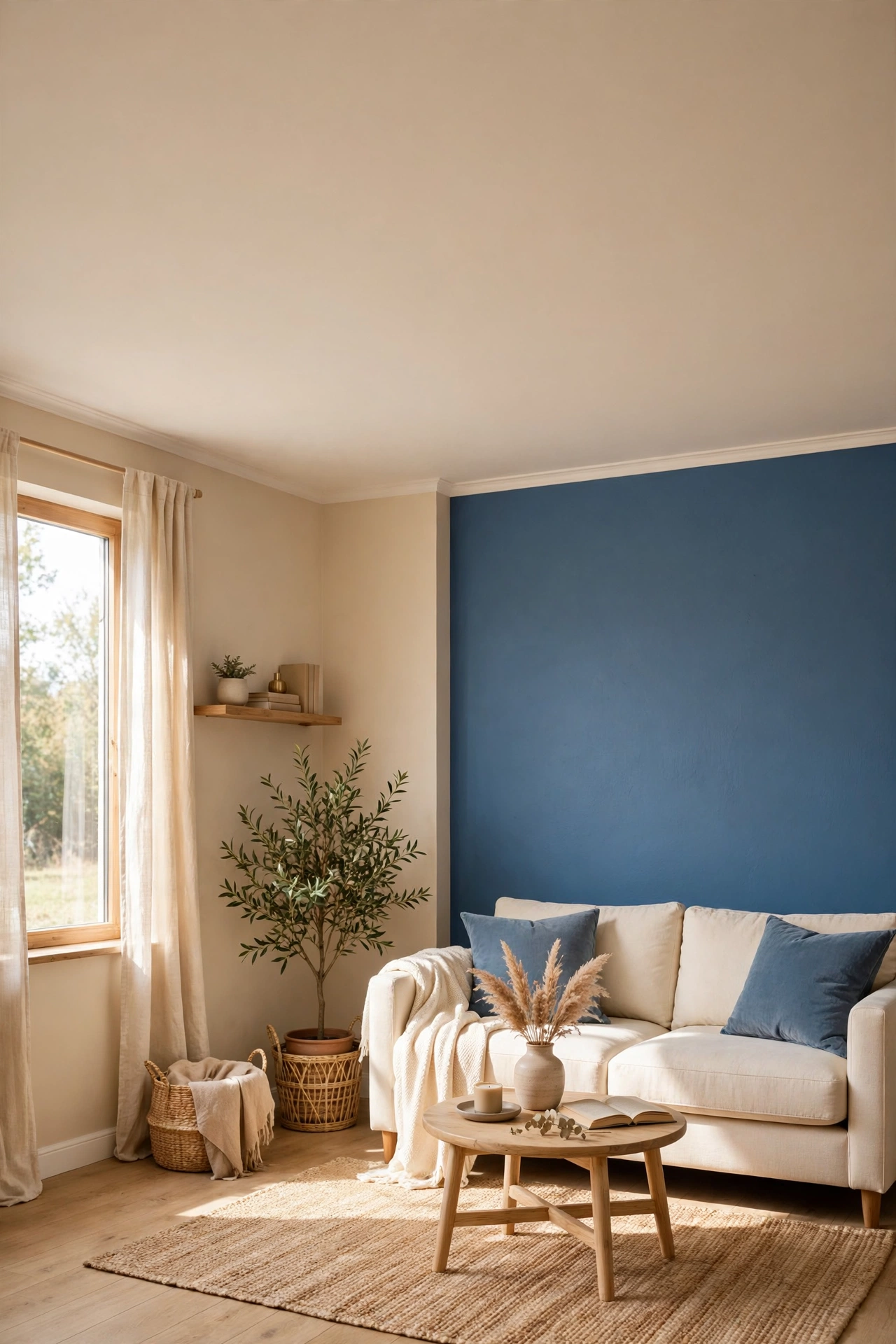 Warm vs cool paint colors for small rooms pin: warm beige living room with a bold dusty blue accent wall