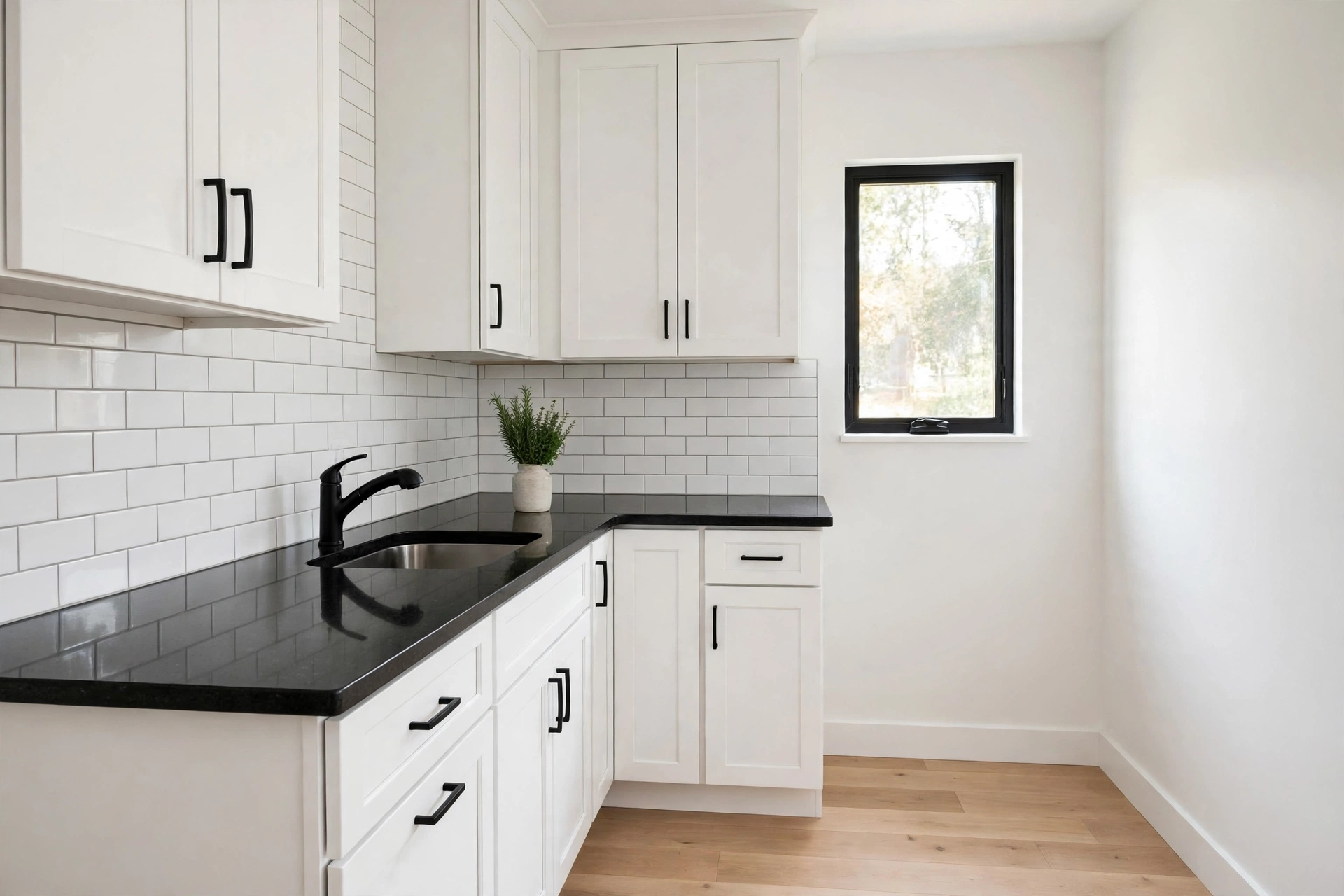 White cabinets with a black quartz countertop and matte black hardware in a small bright kitchen